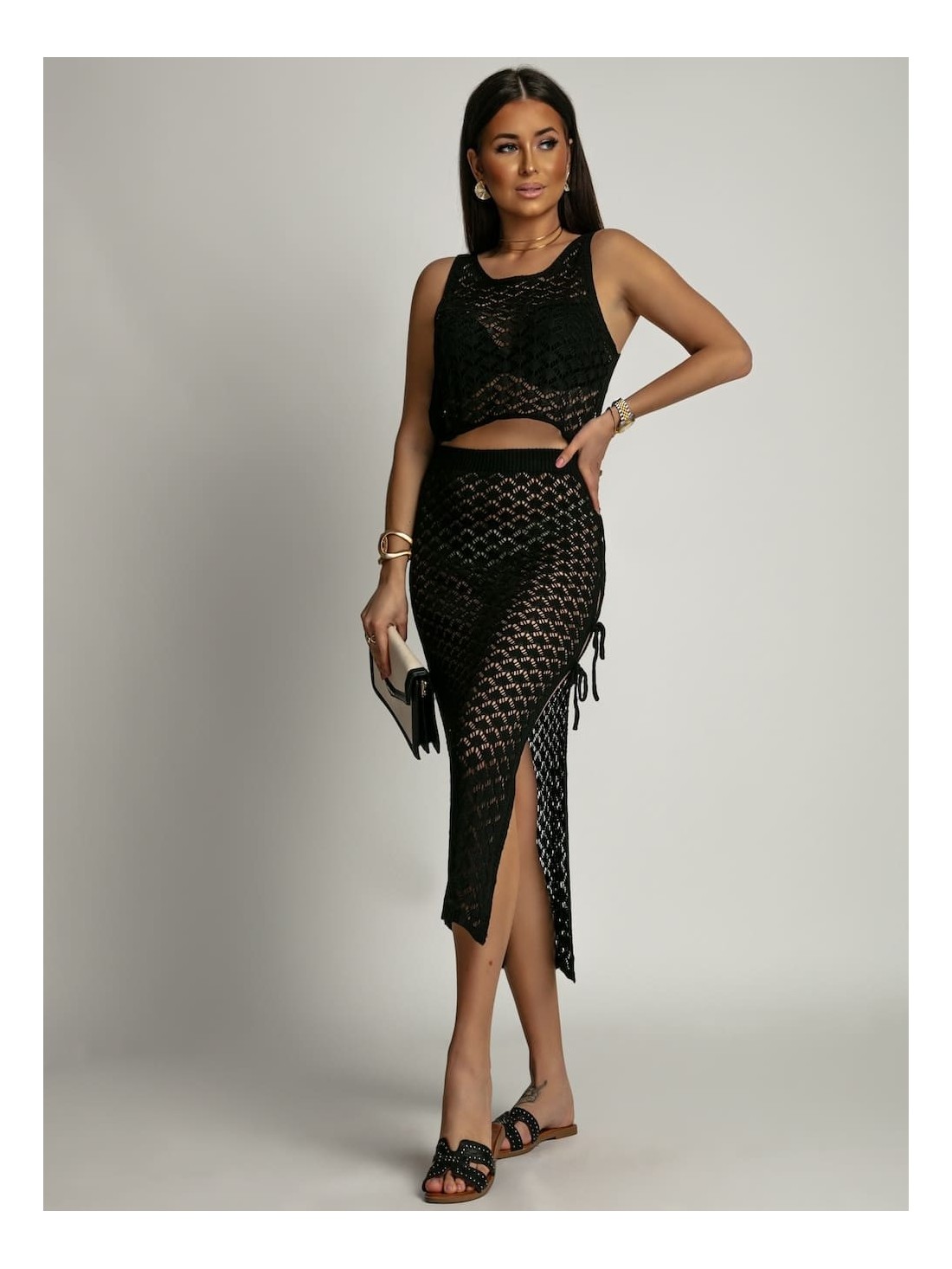 Openwork 2-piece set, blouse and skirt, black SFP118018